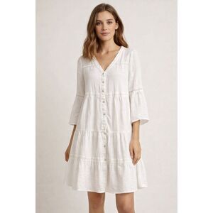 indigo Rose White Boho Tiered Dress Lace Button Front Size M